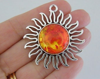 BULK 10 Sun orange  cabochon pendants antique silver tone S91