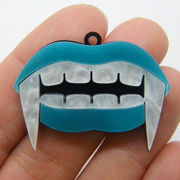 2 Vampire teeth fangs pendants neon teal black acrylic HC916