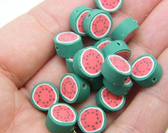 30 Watermelon fruit beads green red white black polymer clay FD403