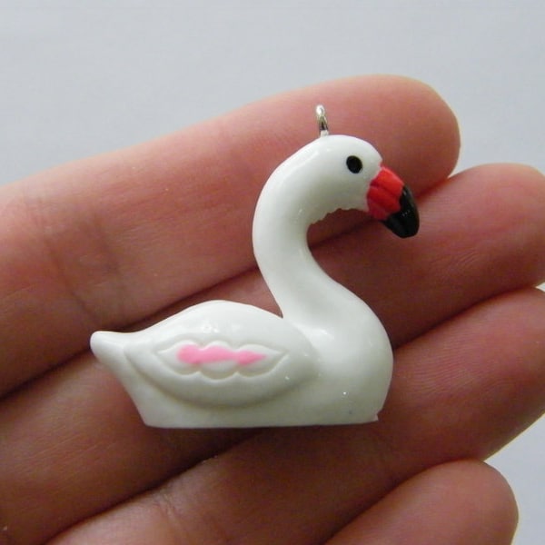 8 Swan pendants white resin silver screw bails B130