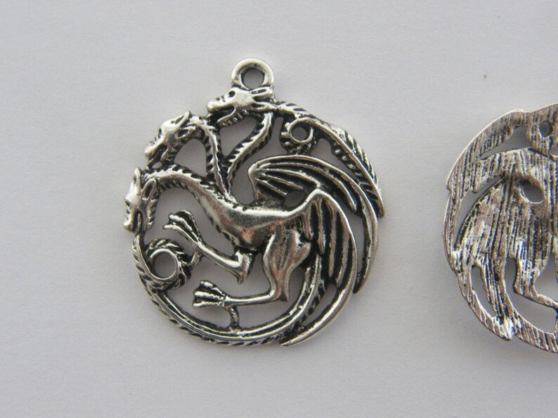 BULK 20 Three headed dragon charms antique silver tone A75