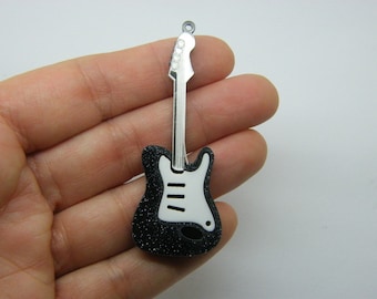 2 Electric guitar pendants glitter black white acrylic MN27