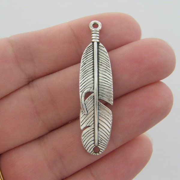 4 Feather connector charms antique silver tone B222