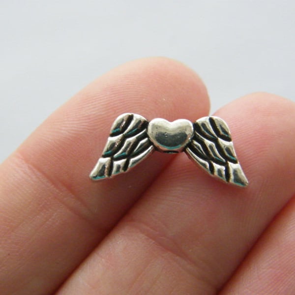 BULK 50 Angel wing heart spacer beads antique silver tone AW95 - SALE 50%  OFF