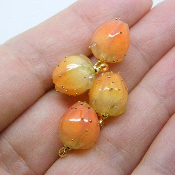 4 Rose bud charms orange yellow resin golden bail F316