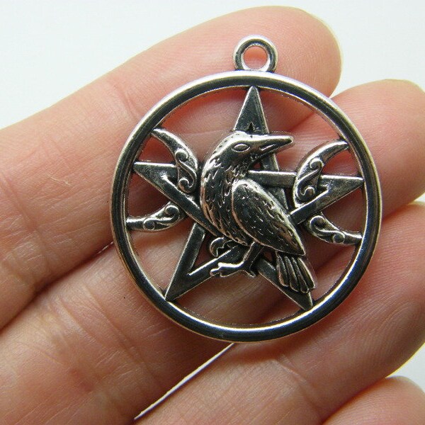 4 Raven crow bird pentagram charms antique silver tone HC35