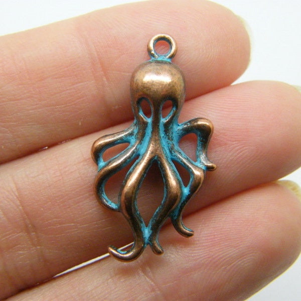 8 Octopus  charms copper and blue patina tone FF6