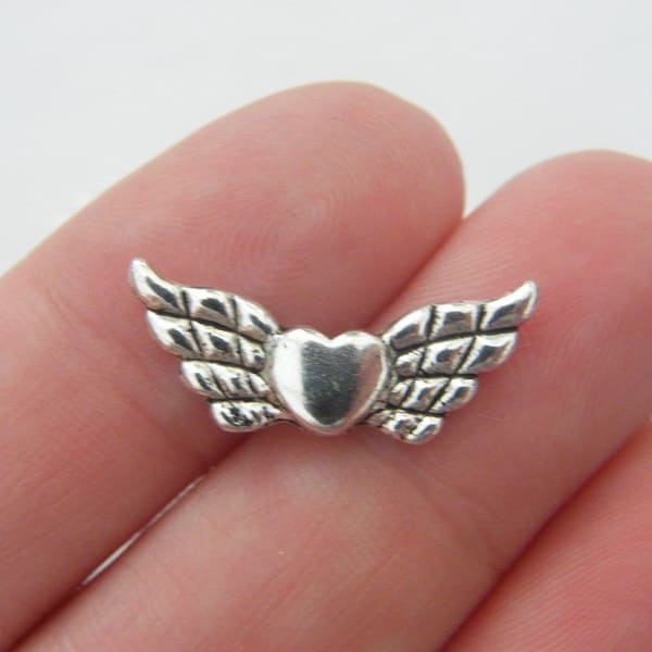 12 Angel wing heart spacer beads antique silver tone AW46