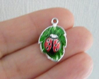 6 Ladybug leaf charms green red silver tone A1229