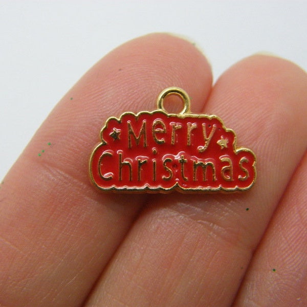 6 Merry Christmas charms red bright gold tone CT4