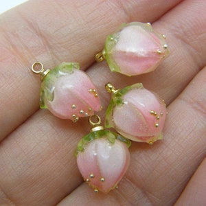 4 Rose bud flower charms pink resin golden bail F296