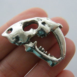 Può includere: Ciondolo in argento a forma di cranio di tigre dai denti a sciabola. Il ciondolo ha un design dettagliato con denti affilati e una superficie testurizzata.