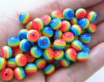 100 Striped rainbow resin 8mm beads AB130