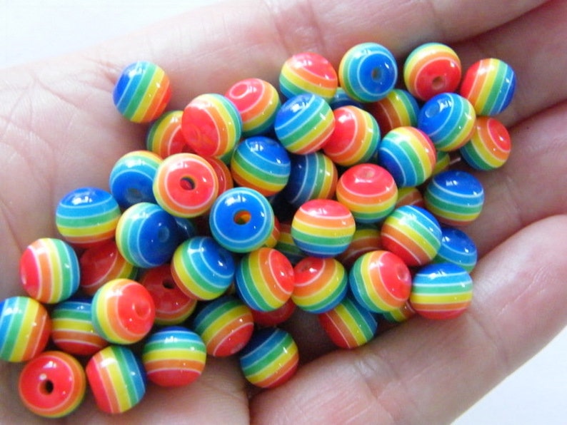 50 Striped rainbow resin 8mm beads AB130 image 1