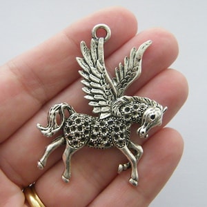 2 Pegasus flying horse pendants antique silver tone A576