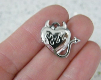 2 Heart devil flame charms bright silver tone stainless steel HC1134