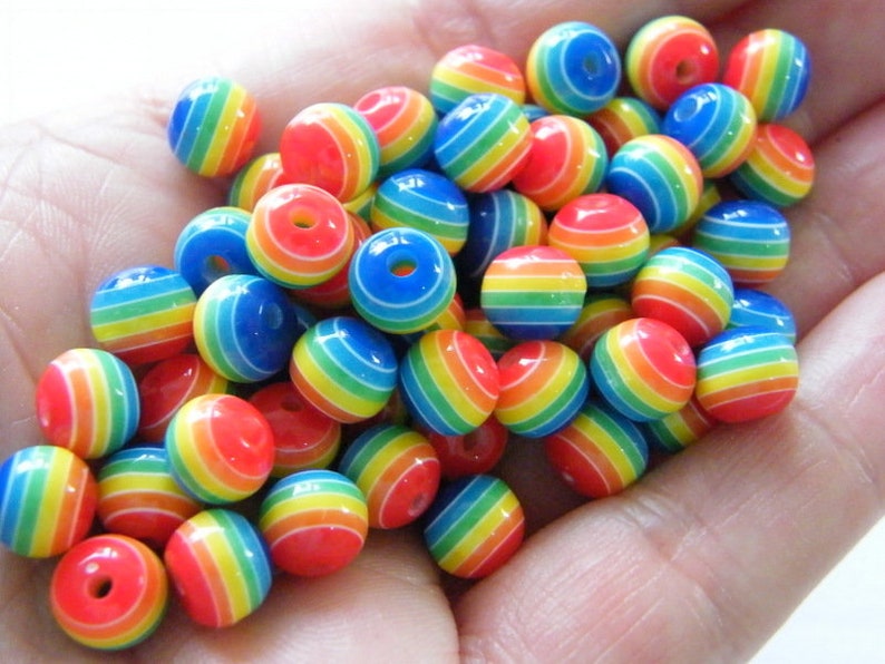 50 Striped rainbow resin 8mm beads AB130 image 2