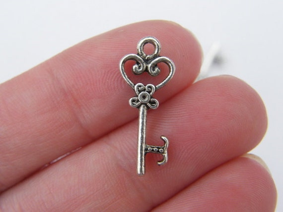 50 Key Charms Antiqued Silver Heart Keys Bulk Skeleton Keys Wholesale 2  Sided