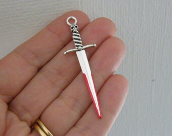 4 Bloody sword pendants red antique silver tone SW1111