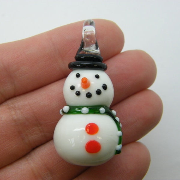 1 Snowman Christmas pendants white and green lampwork glass CT248