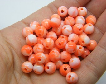 100 Marbled beads 8mm orange white acrylic AB568 - SALE 50% OFF