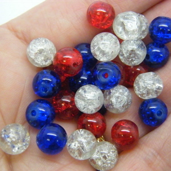 100 Red white and blue glass 8mm crackle beads AB723