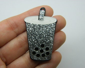 2 Take out drink cup pendant white black silver glitter  FD266