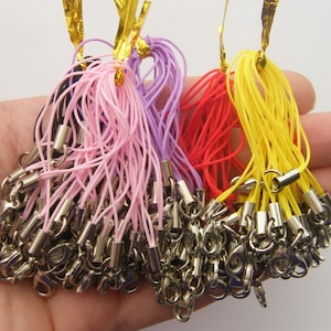 BULK 100 Mixed colours and silver cell phone strap 70mm with lobster clasp