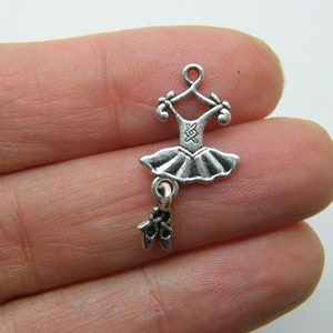 20 Ballet tutu dress and dangle ballet slippers pendants antique silver tone FB1