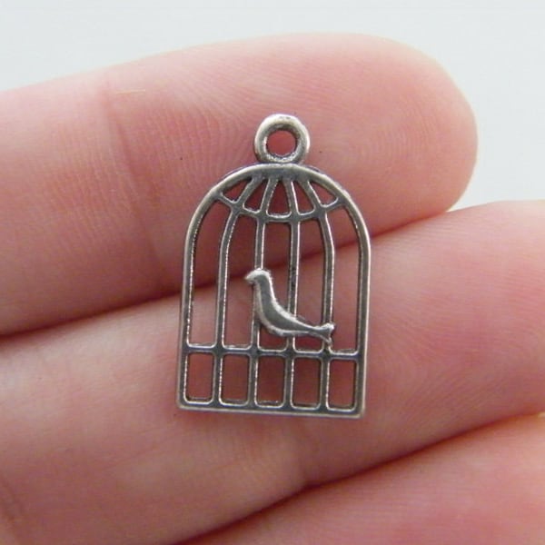 16 Bird cage charms antique silver tone B89