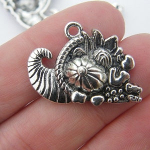 May include: Silver charm pendant featuring a cornucopia overflowing with fruit and flowers. The cornucopia is detailed with a textured finish and a curled horn.