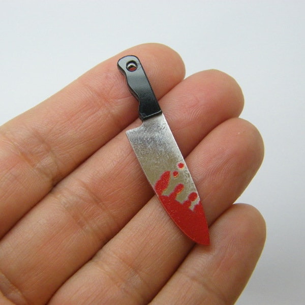 2 Bloody cooking knife charms red black silver acrylic HC607