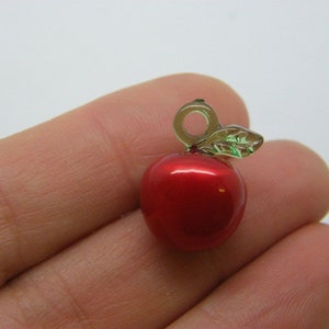 May include: A red apple charm with a green leaf and a silver loop for hanging. The charm is approximately 2.5 cm in diameter.