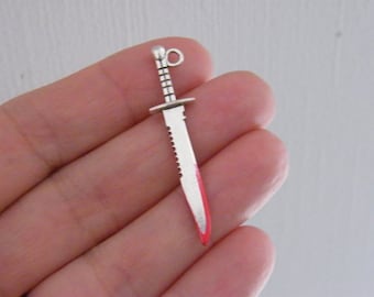 4 Bloody knife pendants red antique silver tone SW111