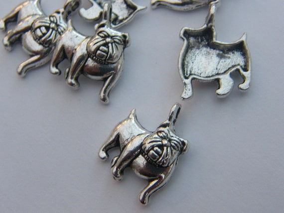 10 Bulldog charms antique silver tone A887