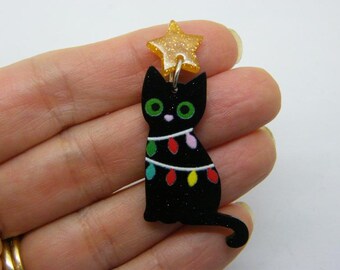 2 kerststerhangers kat zwart acryl CT90