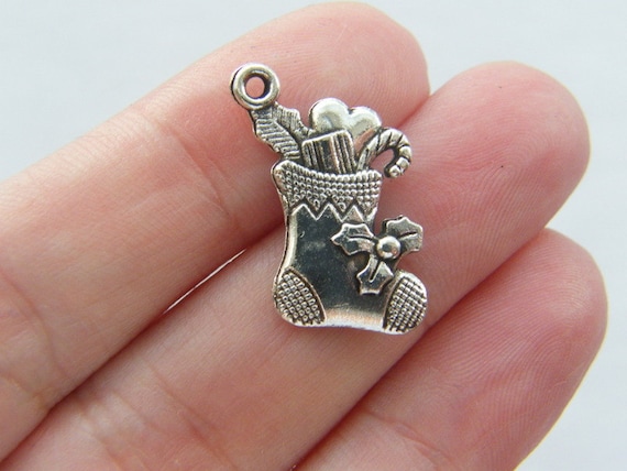 BULK 30 Christmas stocking charms antique silver tone CT59