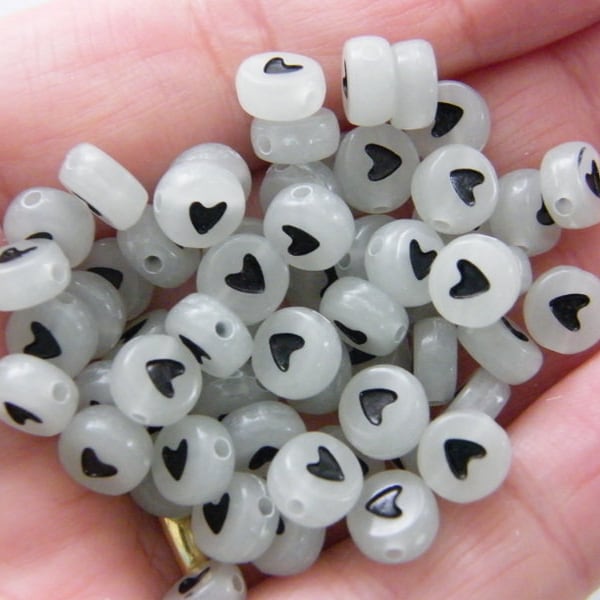 100 Glow in the dark heart beads black acrylic AB38  - SALE 50% OFF