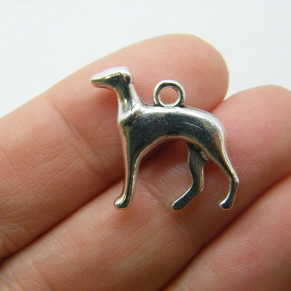 10 Dog greyhound charms antique silver tone A856