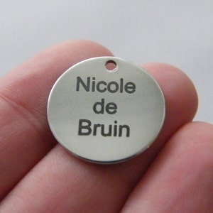 LOTE 10 Etiquetas personalizadas con grabado láser (usted elige las palabras) de acero inoxidable de 20 mm TAG9