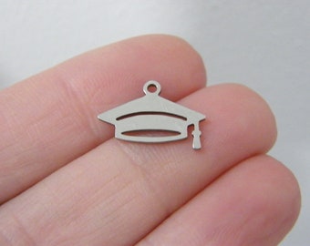 2 Graduation cap charms silver tone stainless steel P114