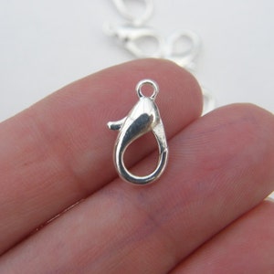 Könnte beinhalten: Silberfarbener Karabinerverschluss für die Schmuckherstellung. Der Verschluss ist etwa 2,5 cm lang und hat eine glatte, glänzende Oberfläche.