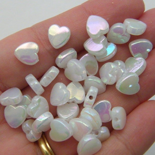 100 Heart beads white AB acrylic AB68