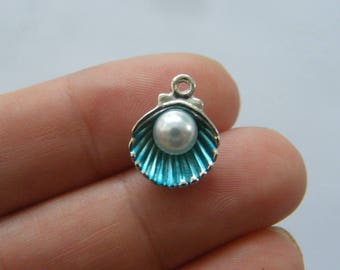 6 Pearl in oyster shell blue charms silver tone FF392