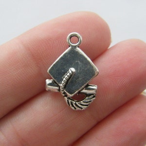 6 Graduation cap charms antique silver tone P124