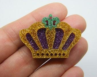 4 Crown pendants purple green gold glitter acrylic CA