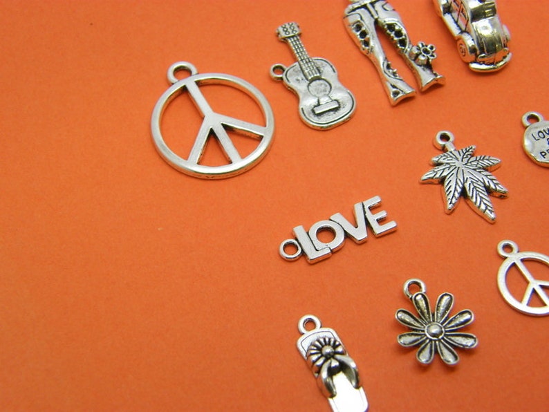 The Hippie Peace Charm Collection 11 different antique silver tone charms image 2