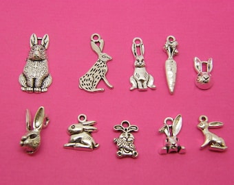 The Rabbit Charm Collection - 10 antique silver tone charms