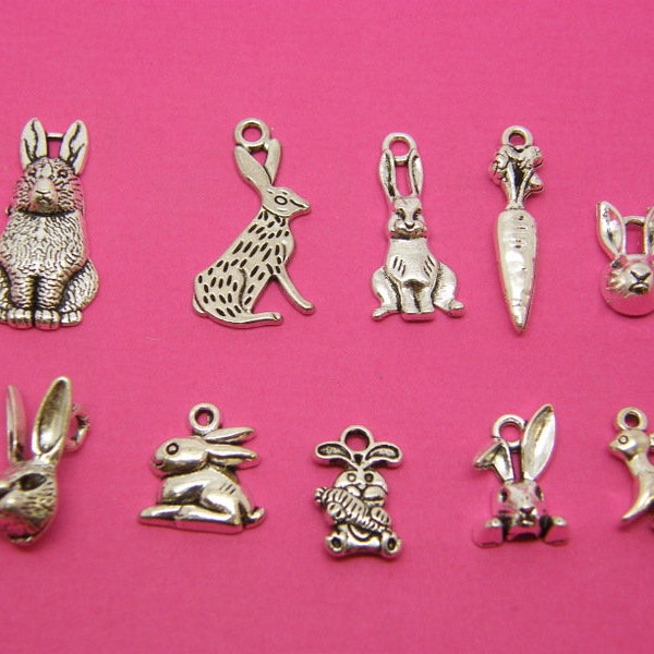 The Rabbit Charm Collection - 10 antique silver tone charms