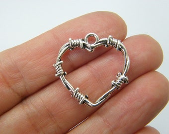 8 Heart barbed wire pendants antique silver tone H136